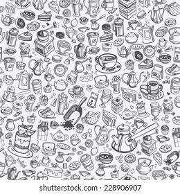 pattern with hand drawn coffee and confectionery, vector