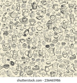 pattern with hand drawn coffee and confectionery, vector