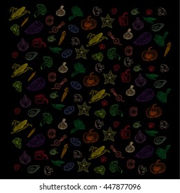 pattern with hand drawn of colored vegetables with a black background