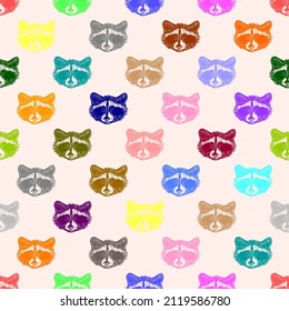 Pattern of hand drawn colorful raccoons on a beige background for print and design. Vector illustration.