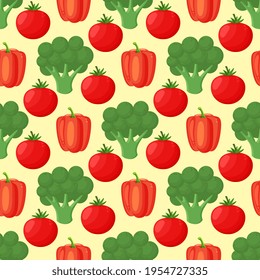 Pattern with hand drawn colorful vegetables. Sketch style set. Vegetables flat icons set: paprika, broccoli, tomato.