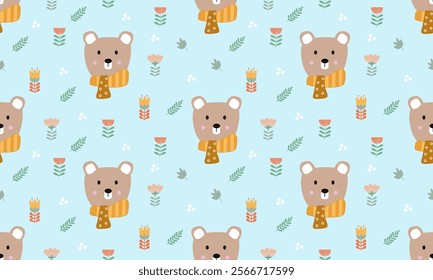 pattern hand drawn designs with cute brown bear,snow,flowers,leave on light blue background , design for fabric or various pattern printing works.