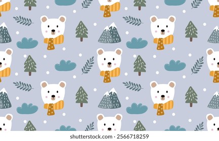 pattern hand drawn designs with white bear,snow,tree,leave on light gray background , design for fabric or various pattern printing works.