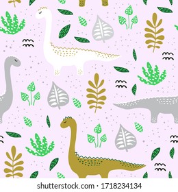 Pattern with hand drawn dino in scandinavian style. Creative vector kids background for fabric, textile.