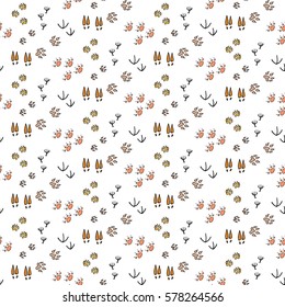 Pattern with Hand drawn doodle Animals footprint icons. Set of hand drawn forest symbols, hiking, mountain climbing and camping doodle elements, vector illustration