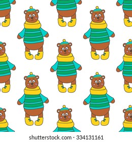 Pattern with hand drawn doodle bear in winter clothes. Cute forest animal for kids design. Vector. Isolated.
