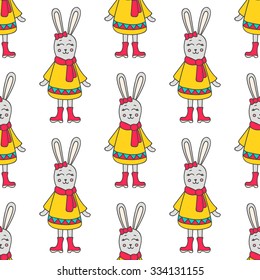 Pattern with hand drawn doodle bunny in winter clothes. Cute forest animal girl for kids design. Vector. Isolated.