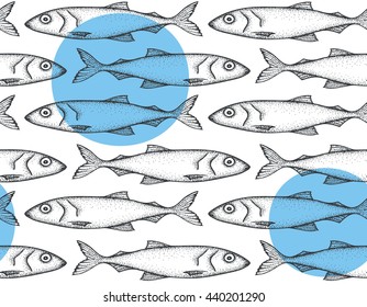 Pattern with hand drawn doodle fish 