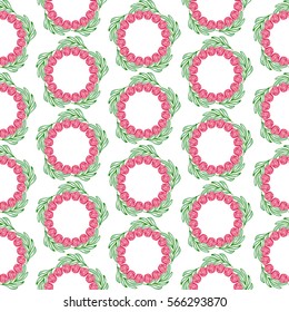 Pattern with hand drawn doodle floral wreath. Organic food and cosmetics labels and elements, for restaurants and products shops, fresh markets, farms, vegan food. Cartoon natural vector illustration.