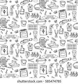 Pattern with hand drawn doodle Gardening icons set.