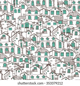 Pattern with hand drawn doodle houses. Seamless background in black and white. Illustration is in eps8 vector mode.