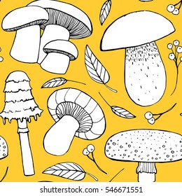 Pattern with hand drawn doodle ink mushrooms

