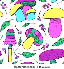 Pattern with hand drawn doodle ink mushrooms