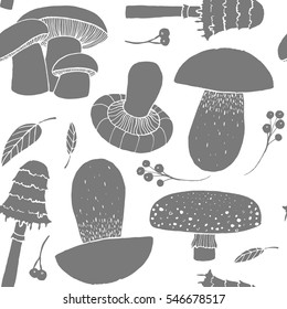 Pattern with hand drawn doodle ink mushrooms