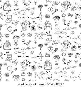 Pattern with hand drawn doodle Love and Feelings collection Vector illustration Sketchy Big set of icons for Valentine's day, Mothers day, wedding, love and romantic events Hearts hands Cupid Bicycle