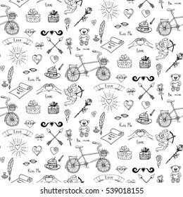 Pattern with hand drawn doodle Love and Feelings collection Vector illustration Sketchy Big set of icons for Valentine's day, Mothers day, wedding, love and romantic events Hearts hands Cupid Bicycle