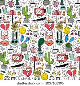 Pattern With Hand Drawn Doodle Lovely Background. Doodle Funny. Handmade Vector Illustration.