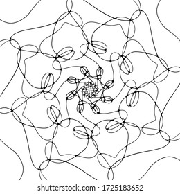 Pattern hand drawn doodle mandala. Dynamic contour repeating elements. Coloring pages adults, children. Abstract neurographics. Neuroart. Vector rounded black outline white background. Art one line.