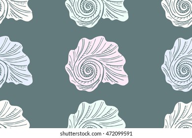 Pattern with hand drawn doodle shell and blue background