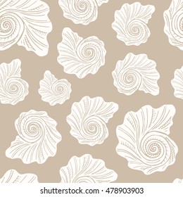 Pattern with hand drawn doodle shell on the beige background