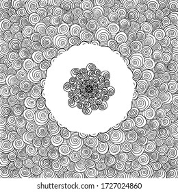 Pattern hand drawn doodles mandala. Dynamic contour repeating elements. Abstract coloring pages for adult, children. Modern spirals, swirls, line, spot. Vector cartoon black outline white background