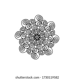 Dibujo a mano del patrón de doodles mandala. Elementos repetitivos de contorno dinámico. Páginas de coloreo abstracto para adultos, niños. Espirales modernas, remolinos, línea, punto. Fondo blanco del contorno negro de la caricatura del vector