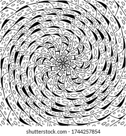 Pattern hand drawn doodles mandala. Dynamic contour repeating elements. Coloring pages for adult, children. Circular abstract spirals, swirls, line, spot. Vector cartoon black outline white background