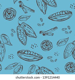 Pattern with hand drawn elements. Cocoa pods, beans and leaves on blue background