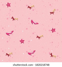 pattern of hand drawn fashion lifestyle - star hair clip, high heel, red and yellow ribbon - stylish doodles on stars and glitter coral background