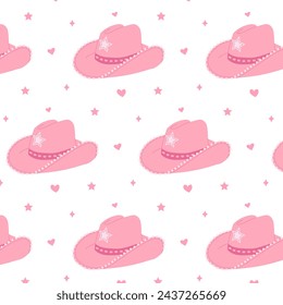 Pattern with hand drawn female cowboy hats. Pink cowgirl hats flat vector illustration. Collection of retro elements. Cowboy Western and Wild West theme. For design, poster, greeting card, pack paper