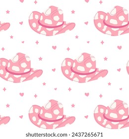 Pattern with hand drawn female cowboy hats. Pink cowgirl hats flat vector illustration. Collection of retro elements. Cowboy Western and Wild West theme. For design, poster, greeting card, pack paper