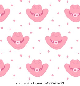 Pattern with hand drawn female cowboy hats. Pink cowgirl hats flat vector illustration. Collection of retro elements. Cowboy Western and Wild West theme. For design, poster, greeting card, pack paper