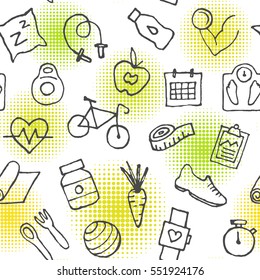 Pattern with hand drawn fitness doodle icon.Vector illustration