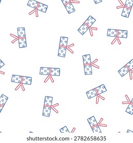 pattern hand drawn gift box illustration with blue polka dots and a red vertical ribbon forming a bow, symbolizing celebration, holidays, sales, and special occasions