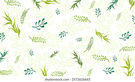 pattern with hand drawn green leaves. Vector illustration.