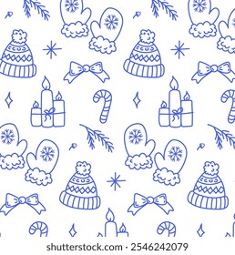 Muster Handgezeichneter Hut, Neujahrsgeschenk, Schleife, Schneeflocken und Winterelemente. Endloses Ornament Vektorgrafik im Doodle-Stil Winterstimmung. Blauer Ornament auf weißem Hintergrund