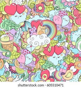 Pattern with hand drawn heart, cat, balloon, cloud, strawberry, bird, gift, butterfly. Template for packaging, postcards, web design. Printing on textiles. Bright colorful cartoon background