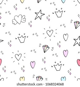 pattern with hand drawn heart and stars.