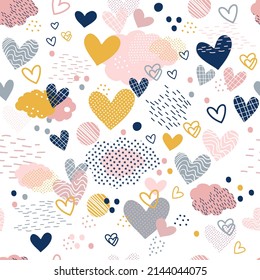 Pattern with hand drawn hearts. Abstract seamless pattern in minimalism style. Creative scandinavian texture for fabric, wrapping, textile, wallpaper, apparel. Vector illustration in trendy colors.