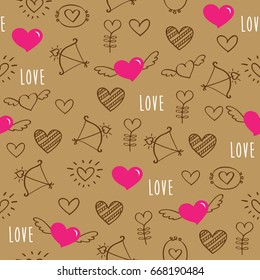 Pattern with hand drawn hearts for gift wrap, scrapbook, covers, textile and wallpapers. Elements for mother's day, Valentine's Day, birthday, wedding.  Printing on the kraft paper.  Vector.