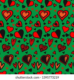 Pattern with hand drawn hearts. Seamless texture for Christmas design.Green background with hearts.Decorative ornament, geometric elements for fabric for Valentine's Day or Christmas
