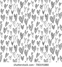 Pattern with hand drawn hearts. Sketchy background. Seamless hand drawn by thin liner background. Romantic symbols for love greeting valentines elements.