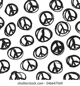 pattern with hand drawn hippie peace symbol, vector background