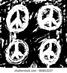 pattern with hand drawn hippie peace symbol, vector background
