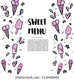 Pattern with hand drawn illustrations of ice cream with space for your text