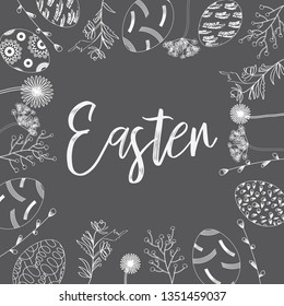 Pattern of hand drawn ink eggs and flowers for Easter greeting card, vintage design, vector isolated. Creative Easter postcard 