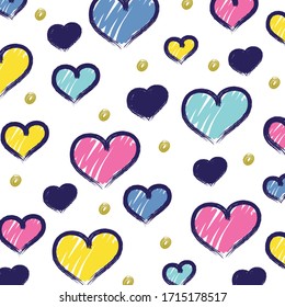 Pattern with hand drawn isolated heart. Valentines day seamless background. Doodle marker heart. Love background. Print with colorful hearts.