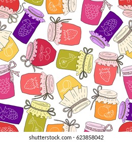 Pattern of hand drawn jars with home-made jams. Home Canning of Summer fruits.