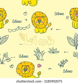 ilustración de pintura de león dibujada a mano por patrones. Consiste en hojas, leones, garabatos, corazón. arte vectorial e ilustración.