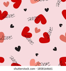 Pattern with the hand drawn love lettering and hearts . Vector endless texture on white background. Valentine's day, wedding cards or posters, textile print, wrapping paper